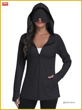 UPF 50+ Hoodie With Eye Mask Zip Up Travel Jacket Sun Protection Pockets